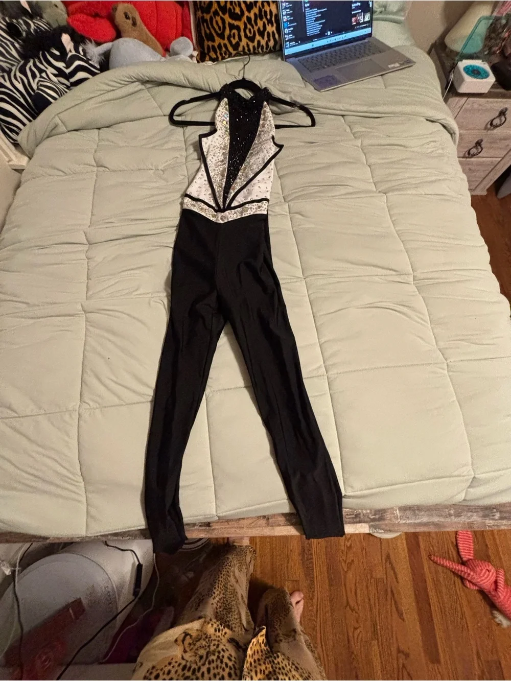 Glamorous Kid/A Dance Costume White with Black Straps and Iridescent Rhinestones